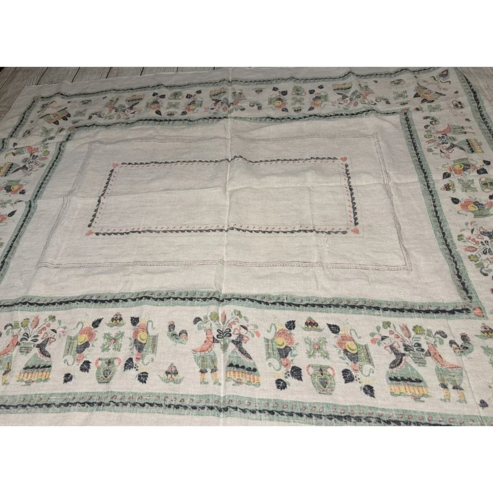 Vtg Parisian Prints Ceramics Dutch Folk Art Linen Tablecloth 48